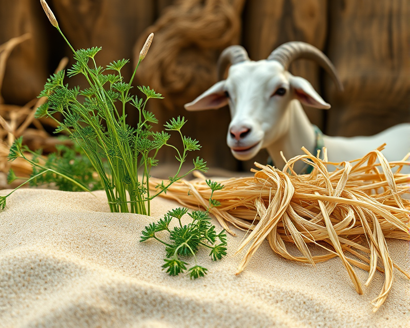 sand, parsley, hay, wood, goat