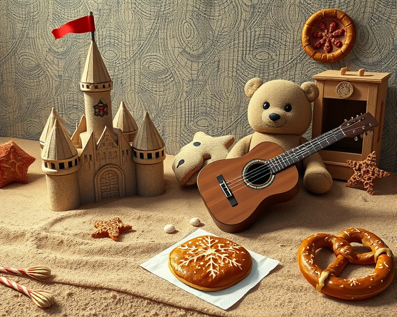 sandcastle, carpet, bear, tattoo, guitar, napkin, pepperoni, gingerbread, circle, pretzel