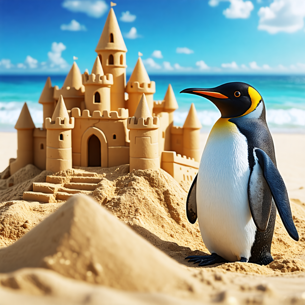 sandcastle, penguin