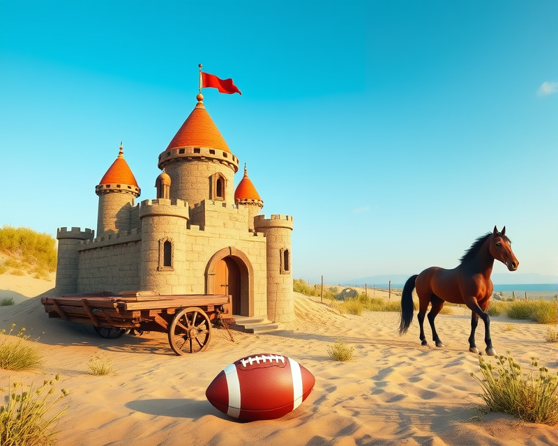 sandcastle, wagon, baseball, football, horse, door, apple