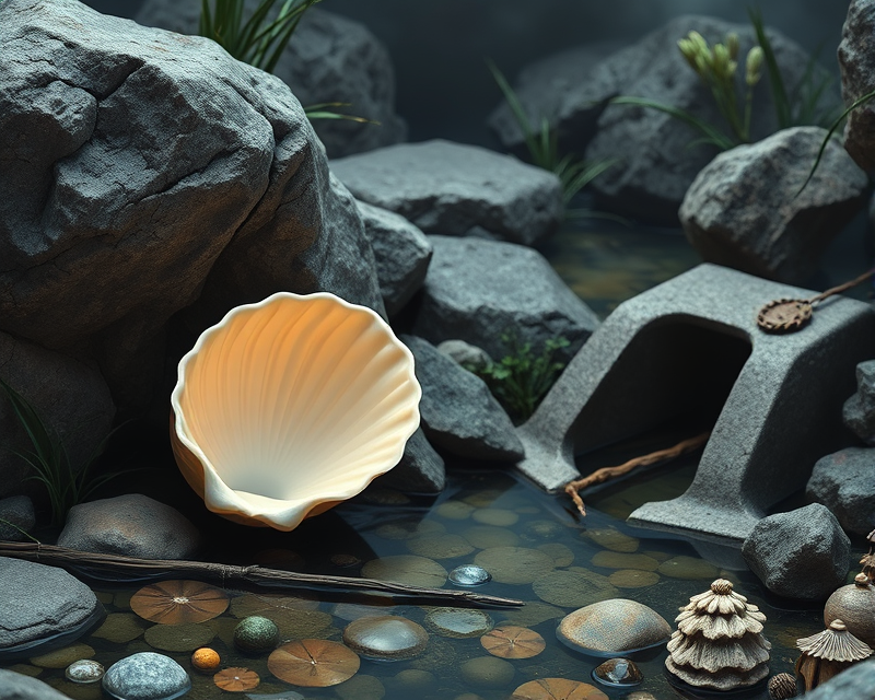 seashell, coffin, pond, rock