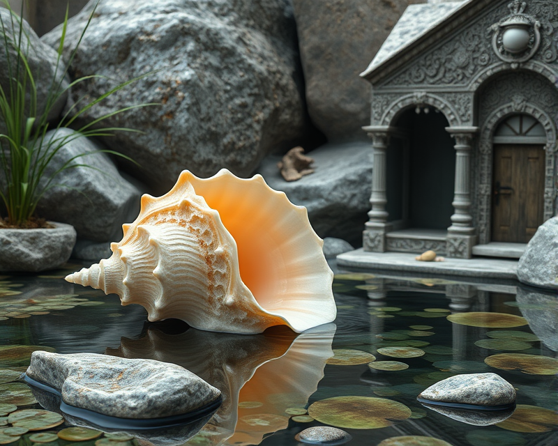 seashell, coffin, pond, rock