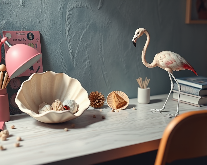 seashell, desk, ladybug, flamingo, skeleton