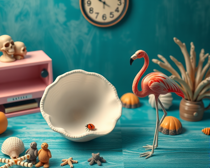 seashell, desk, ladybug, flamingo, skeleton