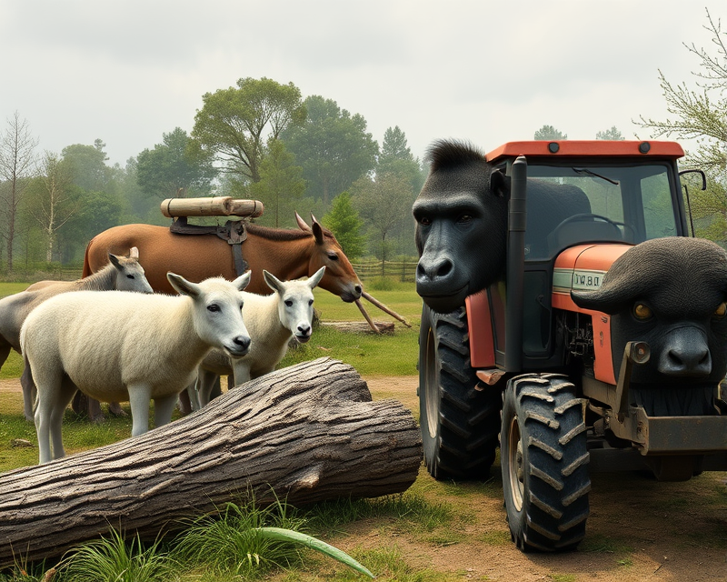 sheep, donkey, log, gorilla, tractor, buffalo