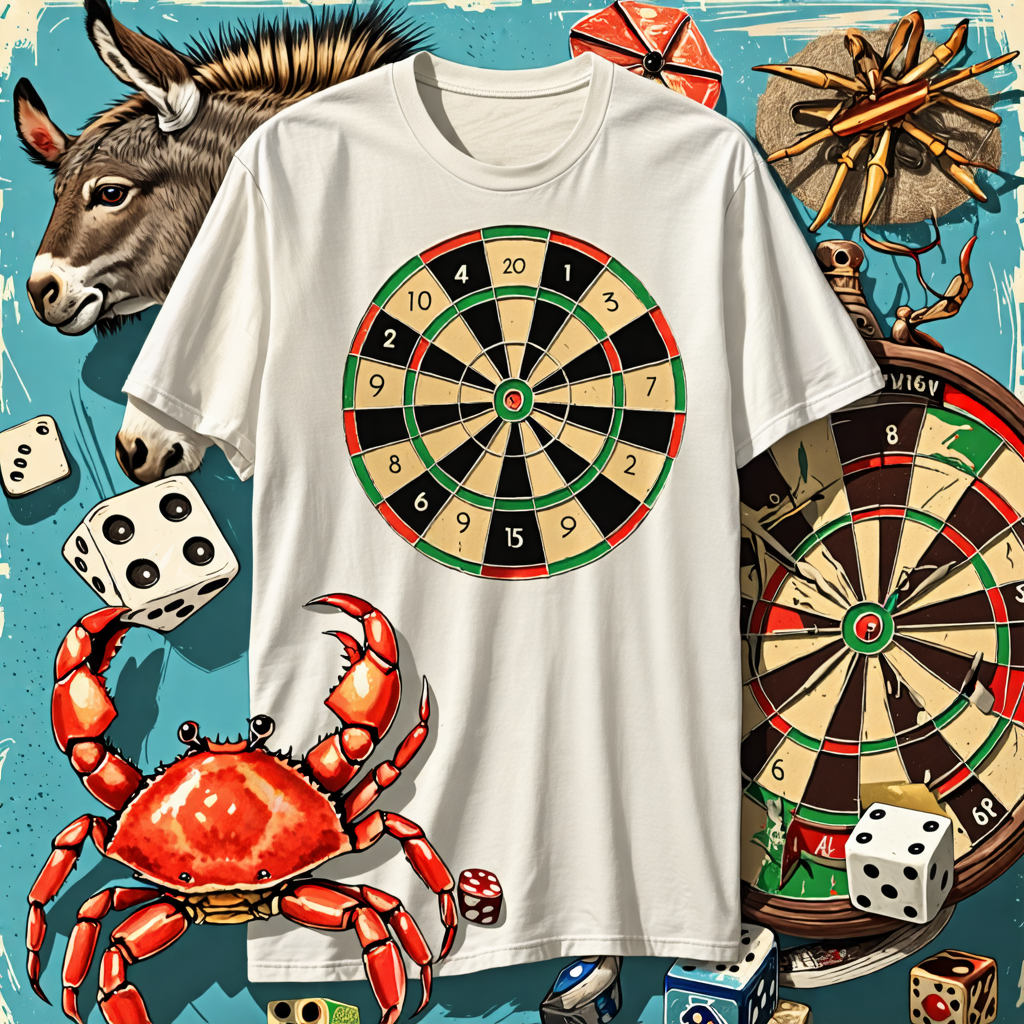 shirt, donkey, crab, dartboard, dice