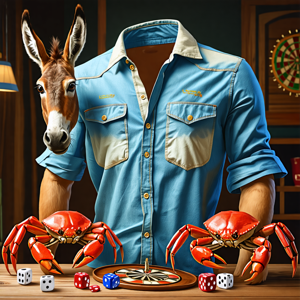 shirt, donkey, crab, dartboard, dice