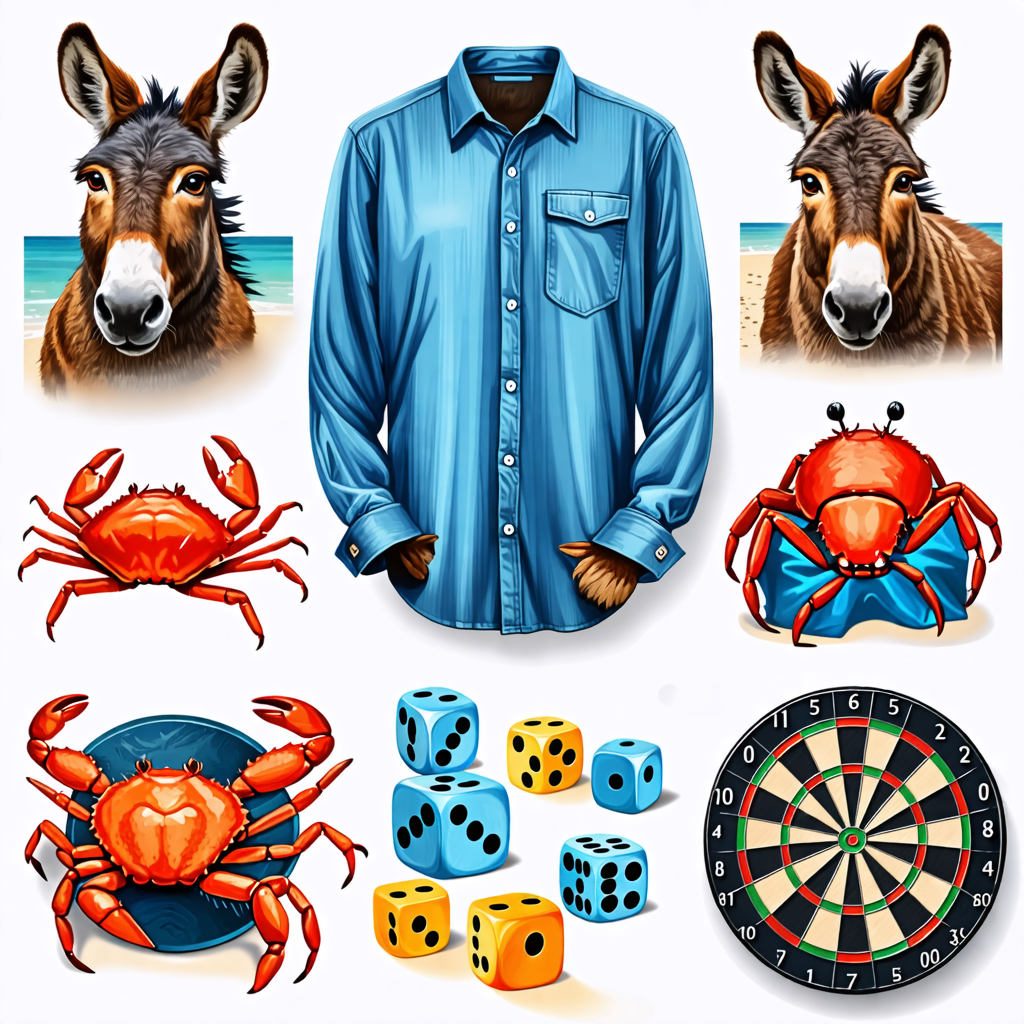 shirt, donkey, crab, dartboard, dice