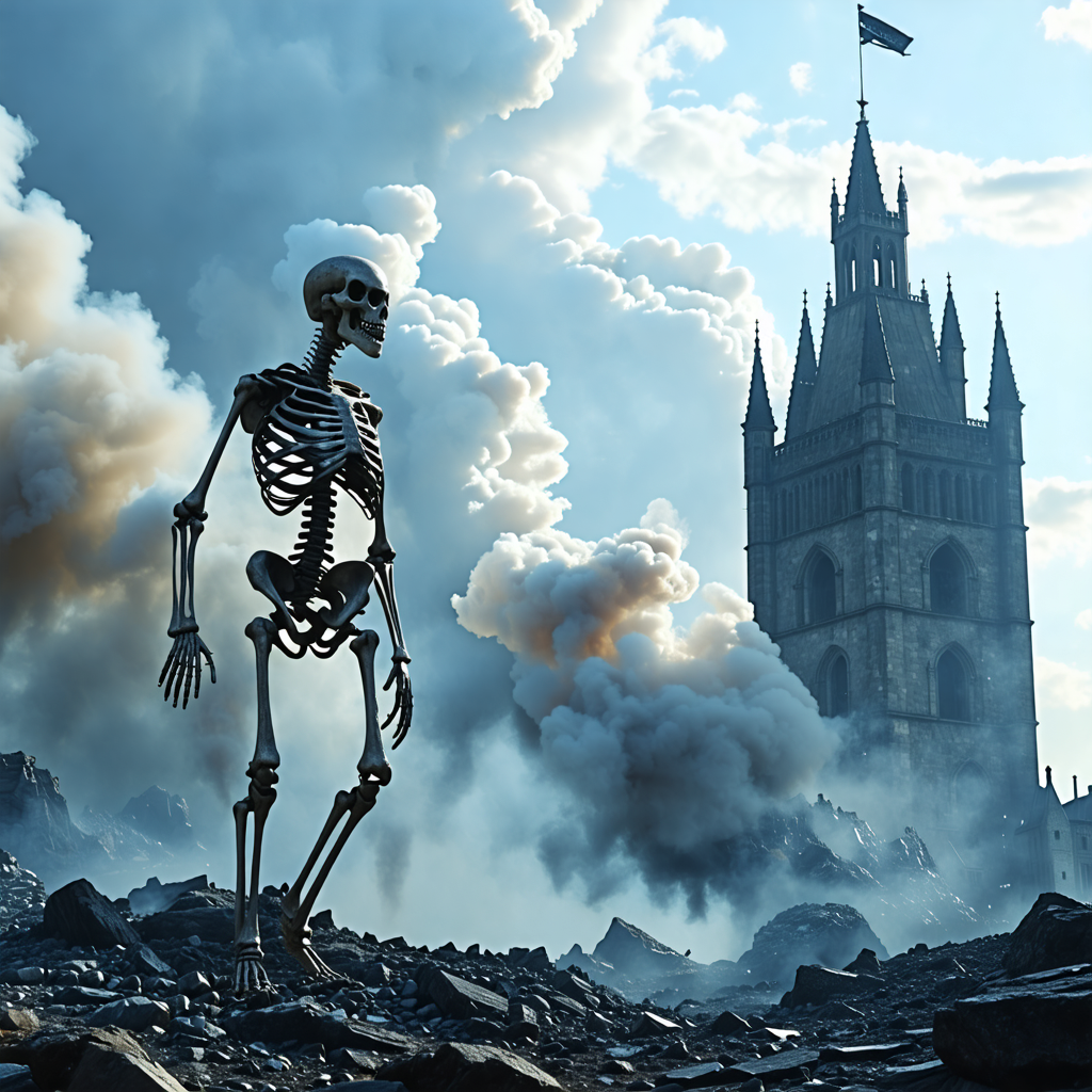 skeleton, tower, smoke