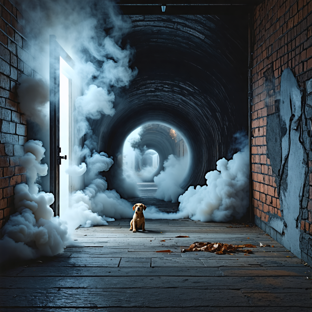 smoke, door, puppy, tunnel