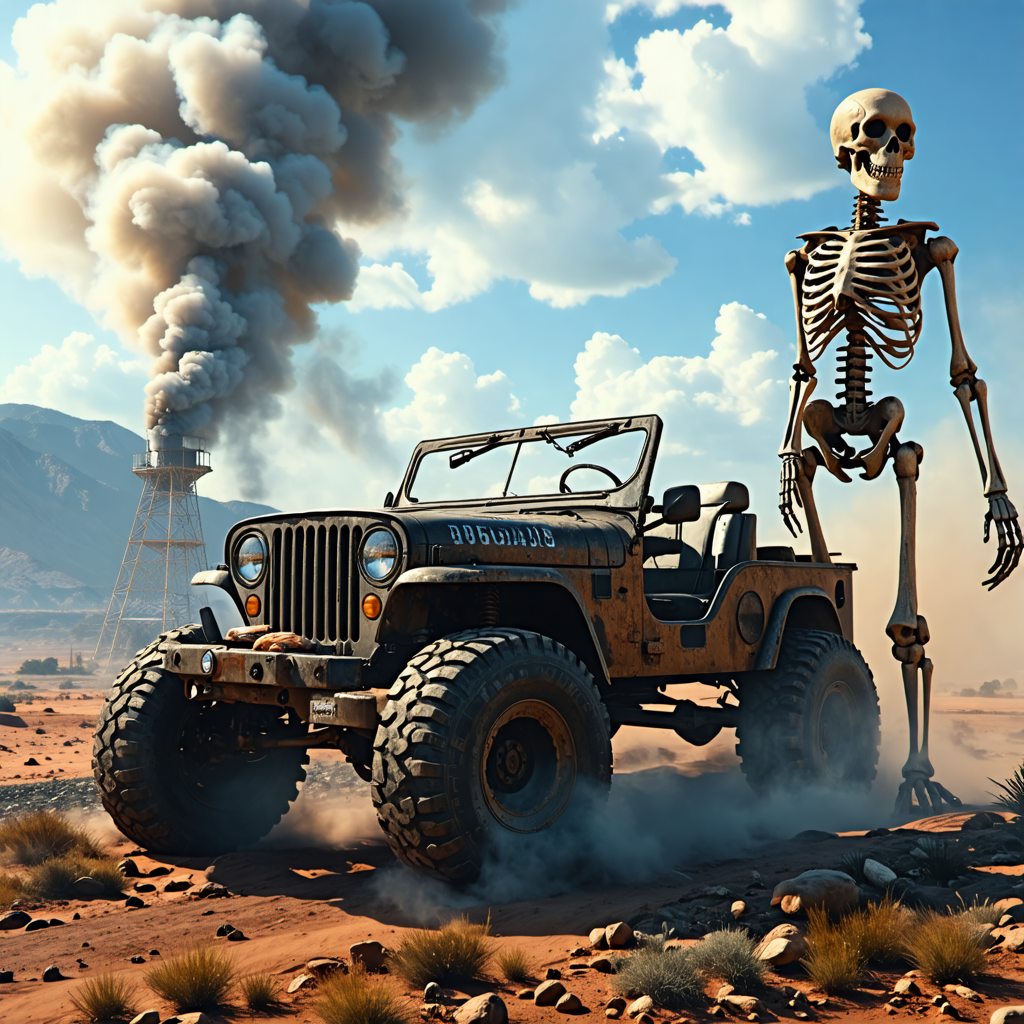 smoke, tower, skeleton, jeep, peanut