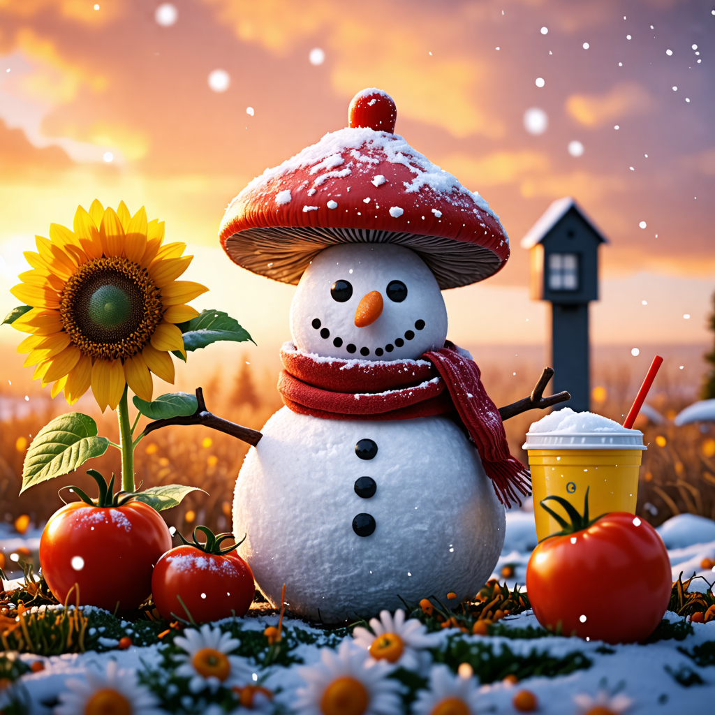 snowman, mushroom, eye, lemonade, mailbox, alien, scarf, sock, sunflower, tomato