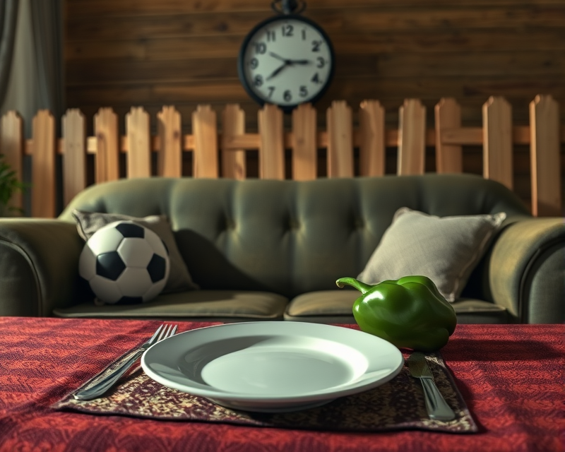 soccer, couch, pepper, clock, plate, bed, napkin, fence