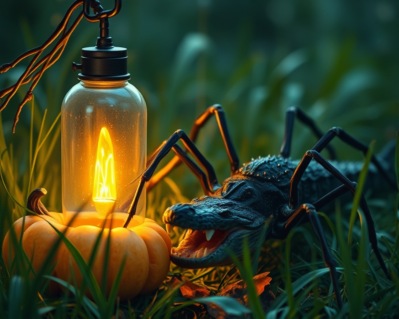 spider, halloween, grass, lamp, crocodile