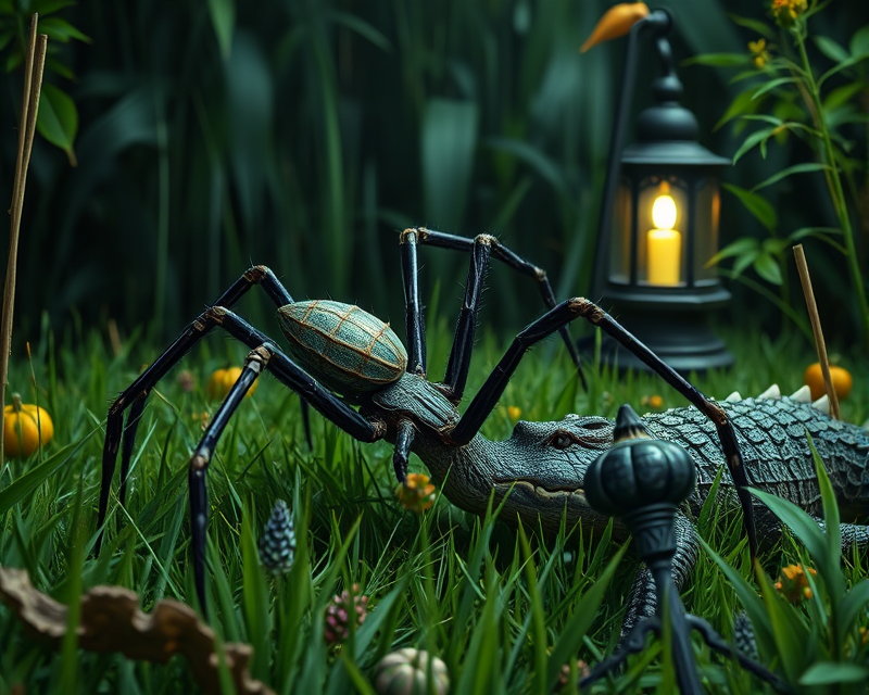 spider, halloween, grass, lamp, crocodile