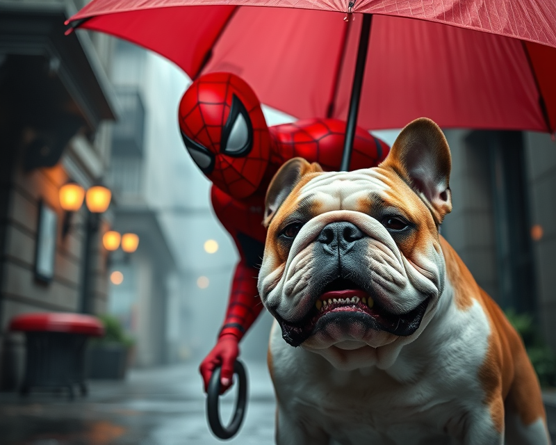 spiderman, bulldog, umbrella