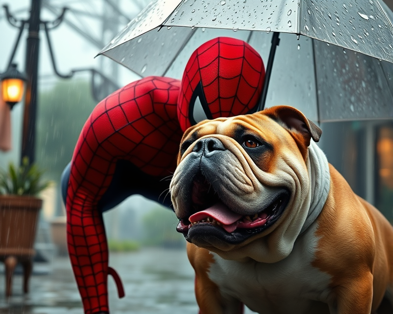 spiderman, bulldog, umbrella