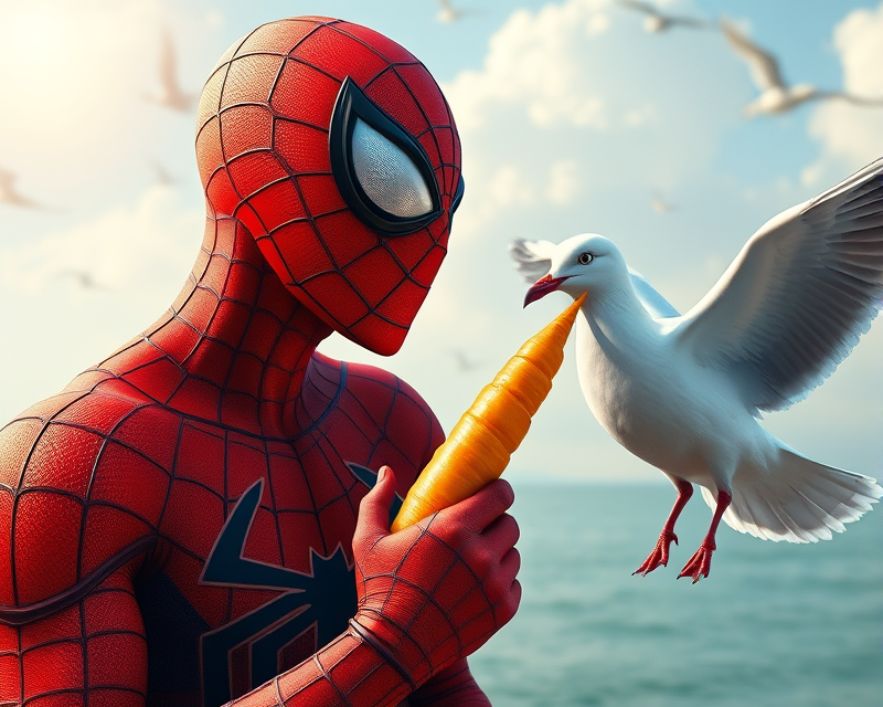 spiderman, carrot, seagull, blue, dove