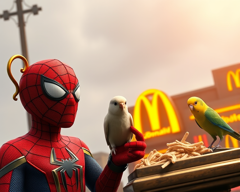 spiderman, trophy, piglet, parakeet, mcdonalds