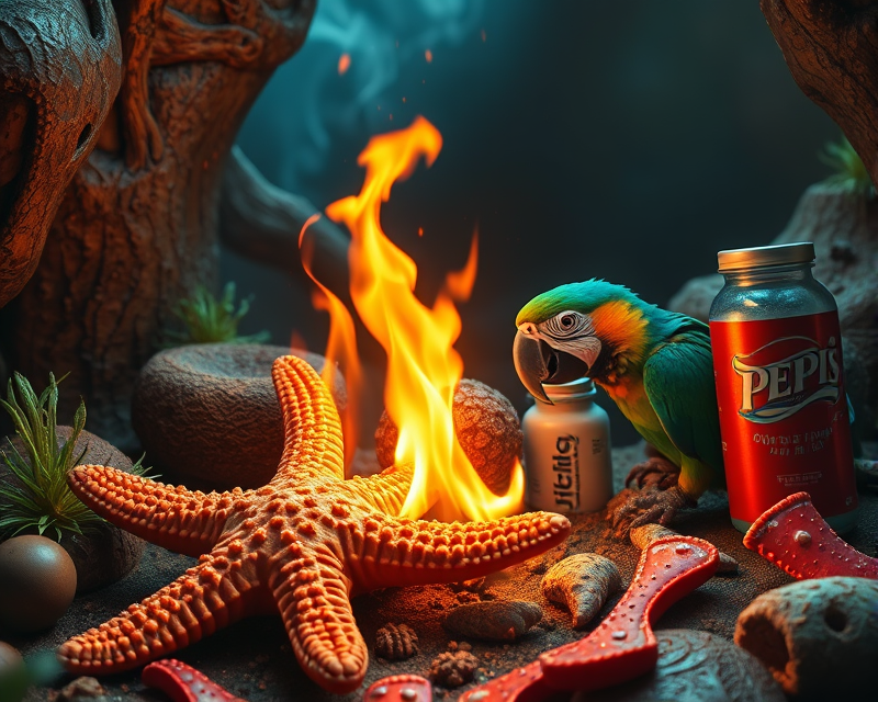 starfish, fire, coffin, pepsi, parrot