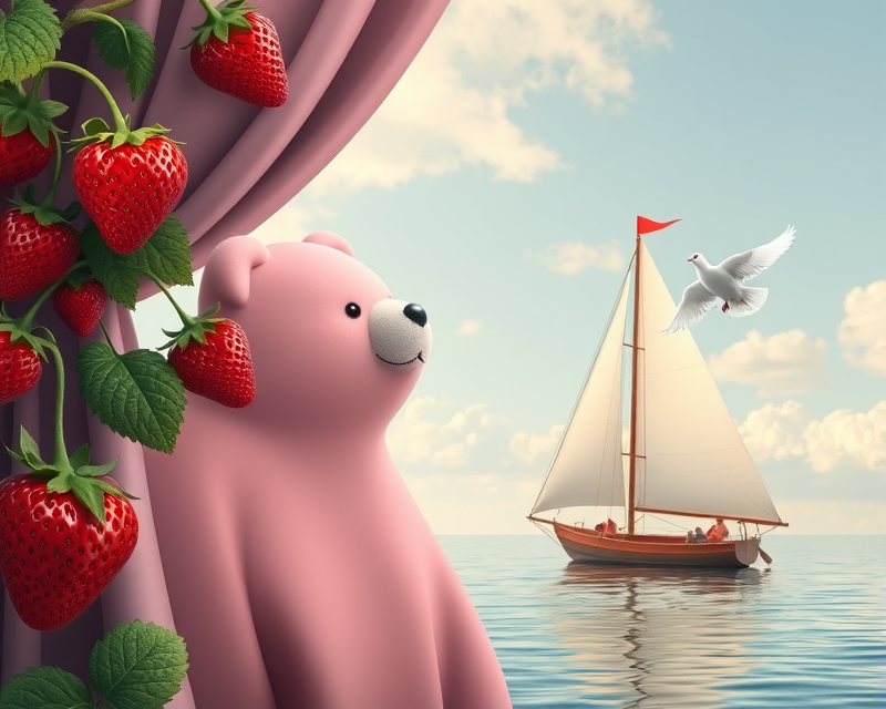 strawberry, curtain, bear, dove, sailboat