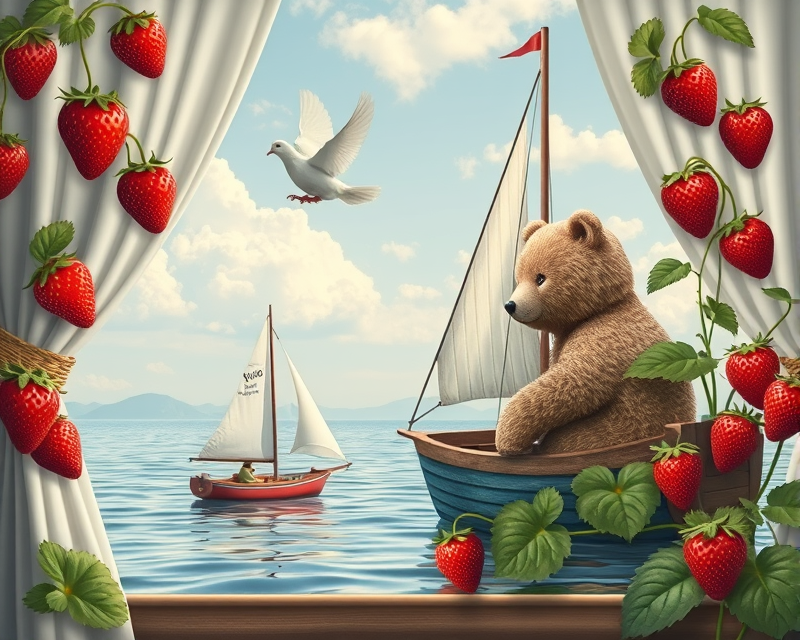 strawberry, curtain, bear, dove, sailboat