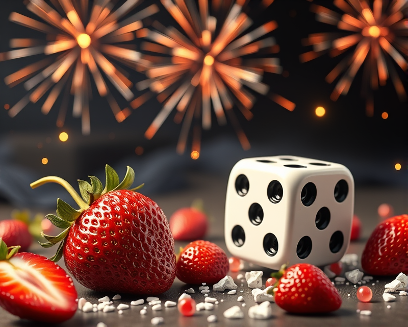 strawberry, dice, fireworks