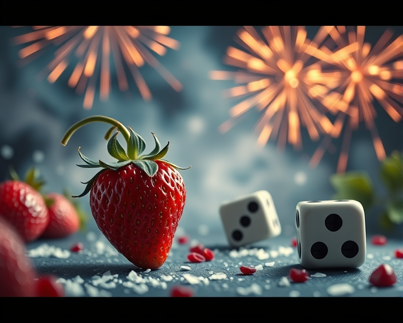 strawberry, dice, fireworks