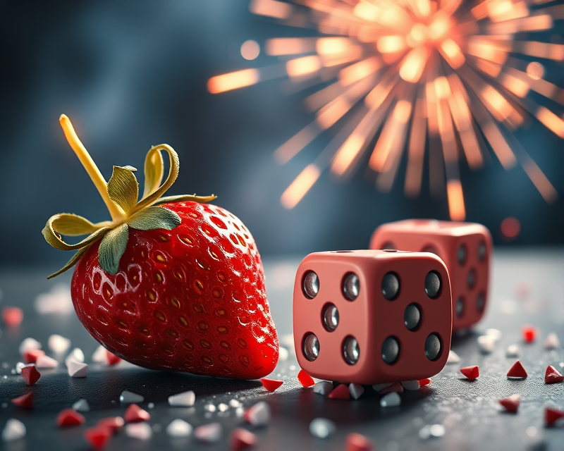 strawberry, dice, fireworks