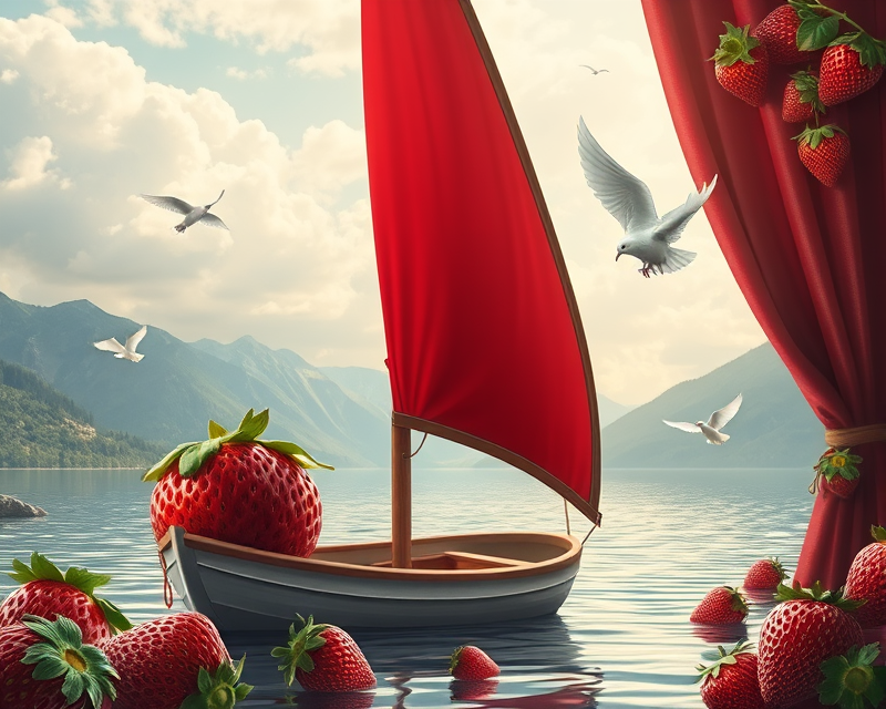 strawberry, sailboat, dove, curtain, bear