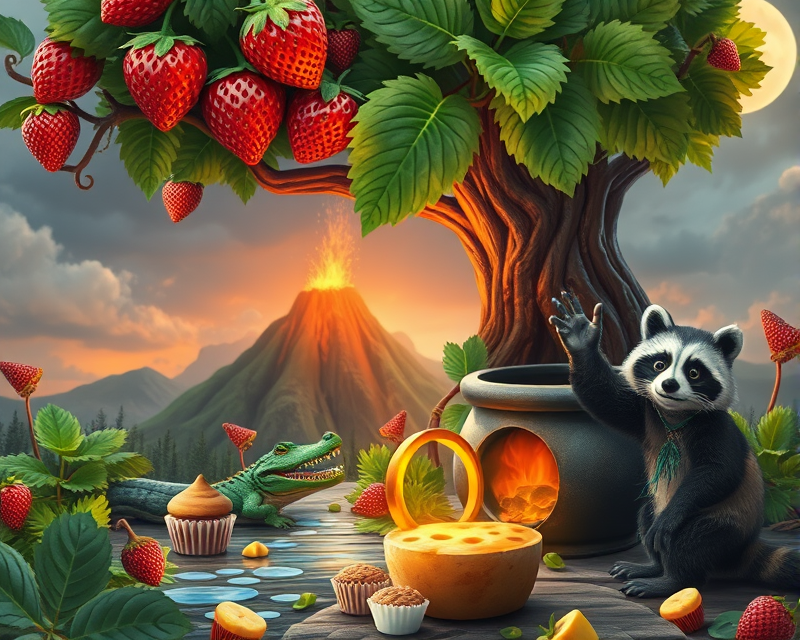 strawberry, tree, cauldron, panda, cheese, volcano, ring, alligator, muffin, raccoon