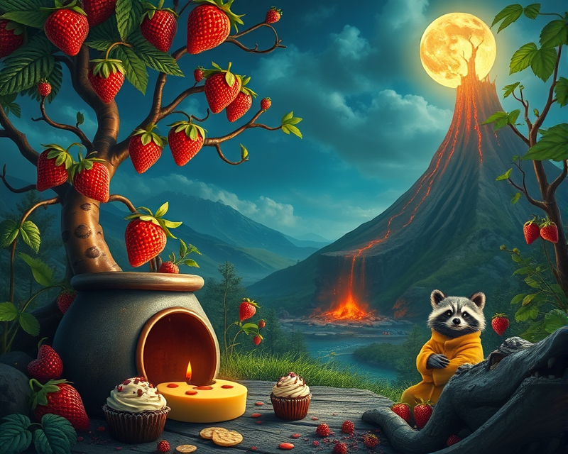 strawberry, tree, cauldron, panda, cheese, volcano, ring, alligator, muffin, raccoon