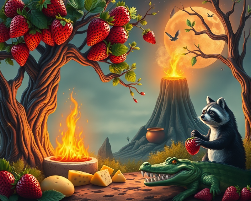 strawberry, tree, cauldron, panda, cheese, volcano, ring, alligator, muffin, raccoon