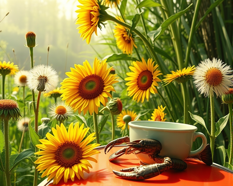 sunflower, asparagus, escalator, dandelion, lobster, canoe, cup