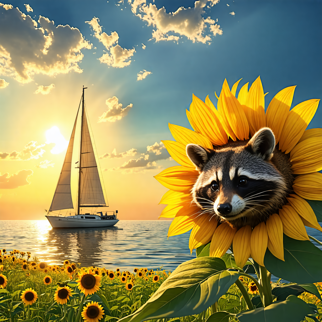 sunflower, camera, sailboat, tire, raccoon