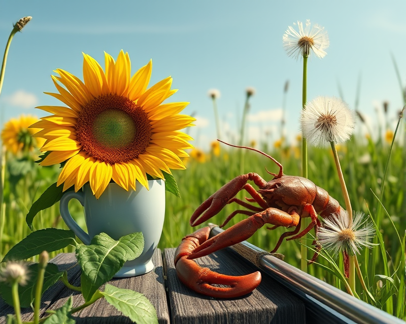 sunflower, cup, asparagus, escalator, lobster, dandelion, canoe