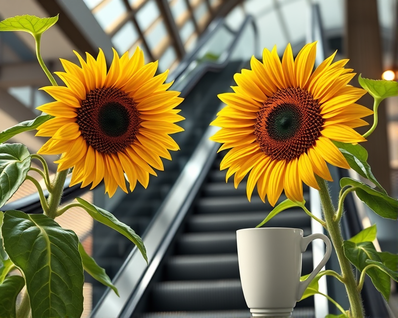 sunflower, cup, escalator