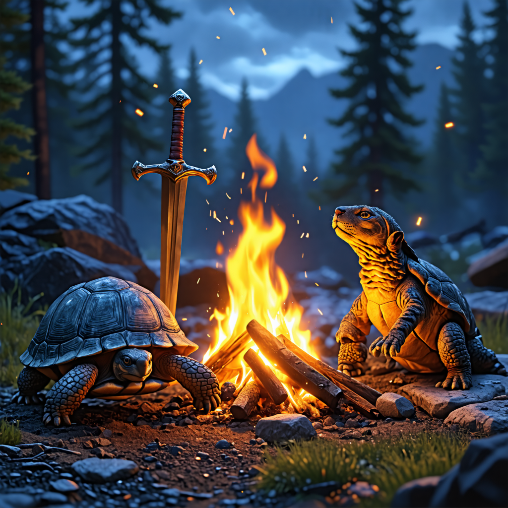 sword, cub, tortoise, campfire