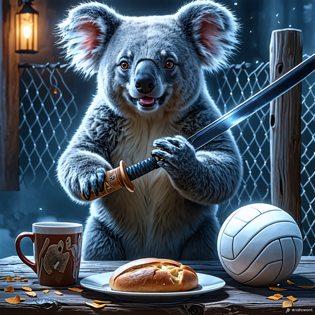 sword, dog, fence, bear, bread, ghost, plate, cup, volleyball, koala