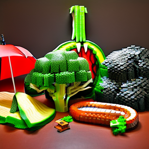 taco, broccoli, raven, snake, cucumber, fork, lego, umbrella, pickle, campfire