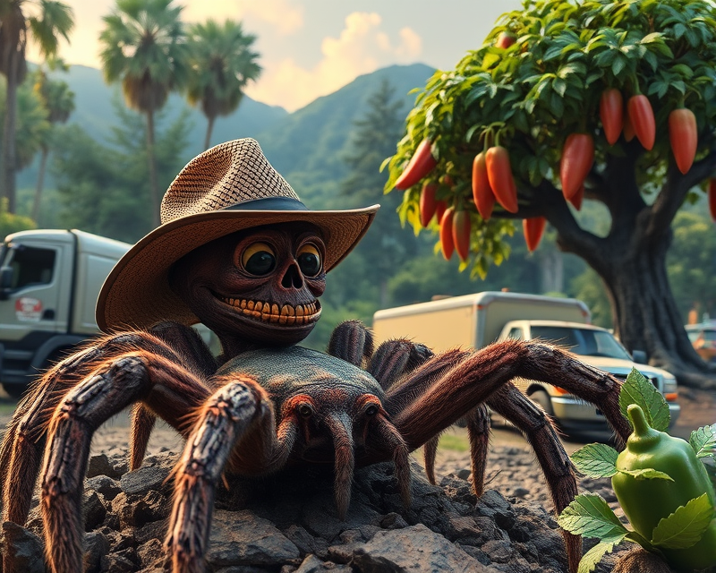 tarantula, hat, truck, tree, pepperoni