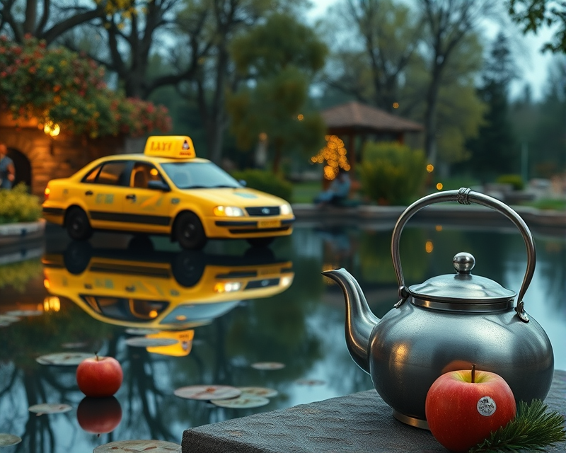 taxi, lantern, kettle, apple, pond