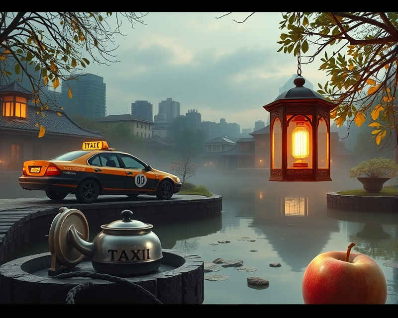 taxi, lantern, pond, kettle, apple