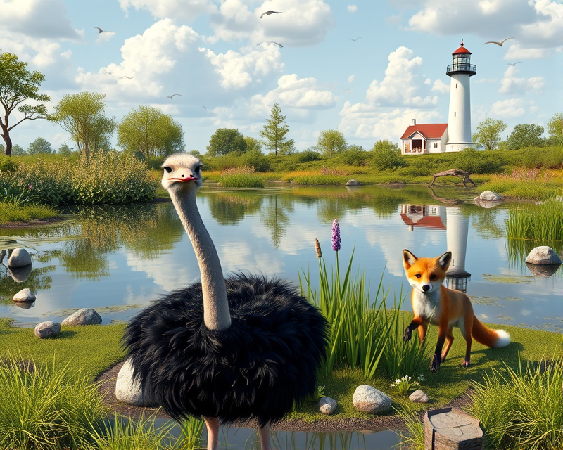 tennis, ostrich, fox, lighthouse, pond