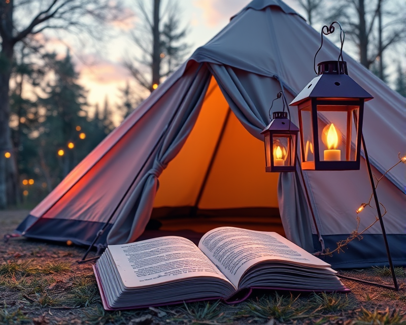 tent, book, purple, lantern, cookie