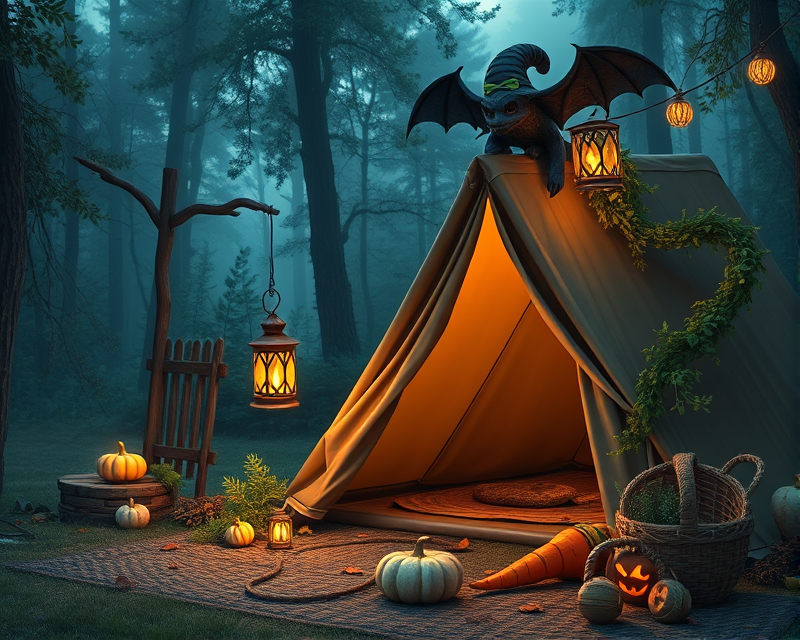 tent, hat, lantern, bat, carrot