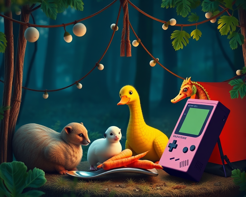 tent, kiwi, duck, carrot, puppy, spoon, panther, cabbage, gameboy, seahorse