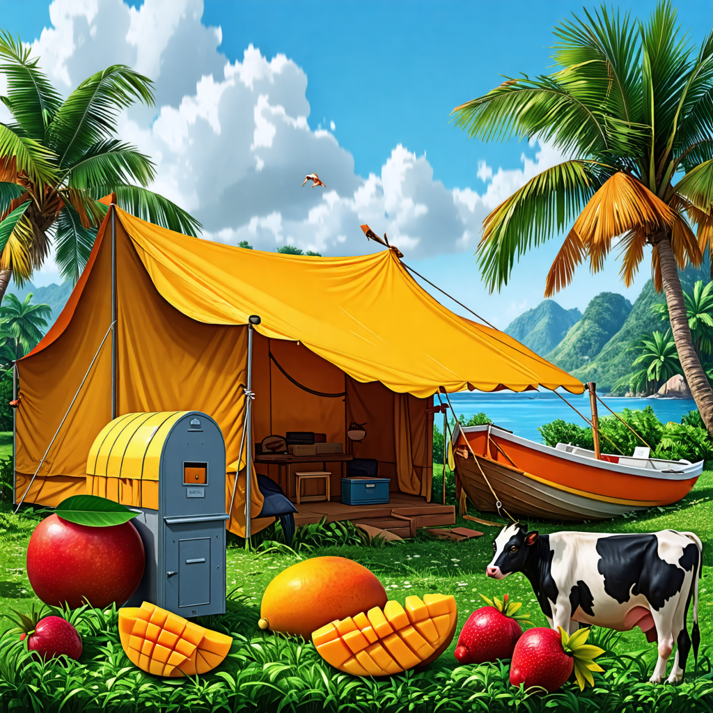 tent, mango, cow, mailbox, boat