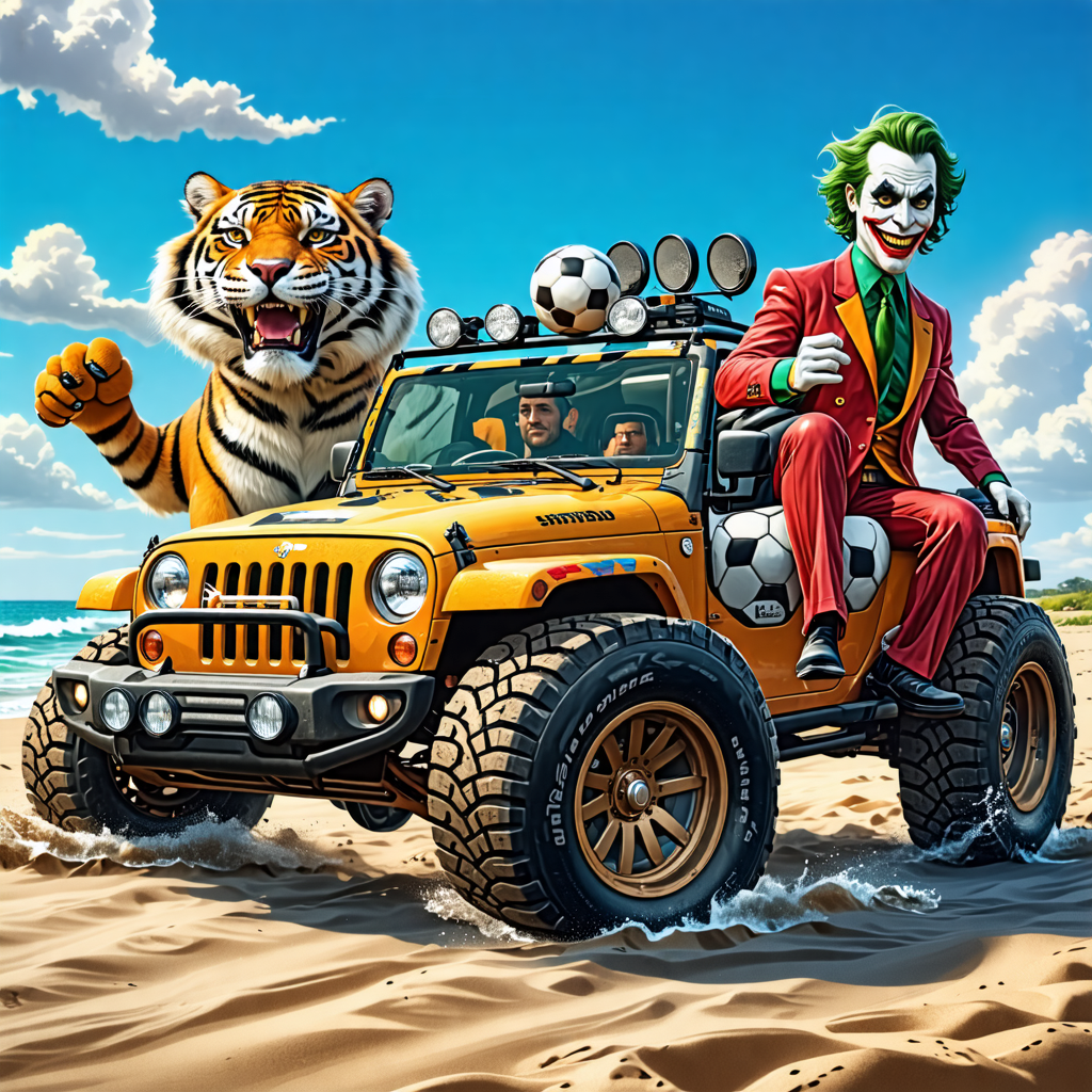 tiger, football, jeep, beach, joker