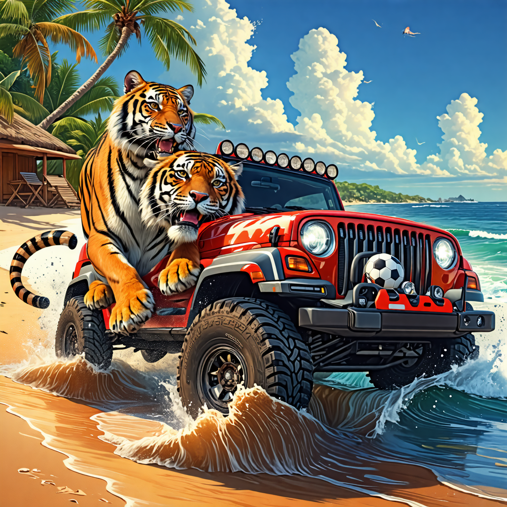 tiger, jeep, football, joker, beach